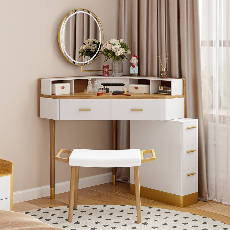 Modern Corner Makeup Vanity Table with LED Lighted Mirror, Vanity Desk with 5 Drawers, Piano Finish, Solid Wood Legs, Stool