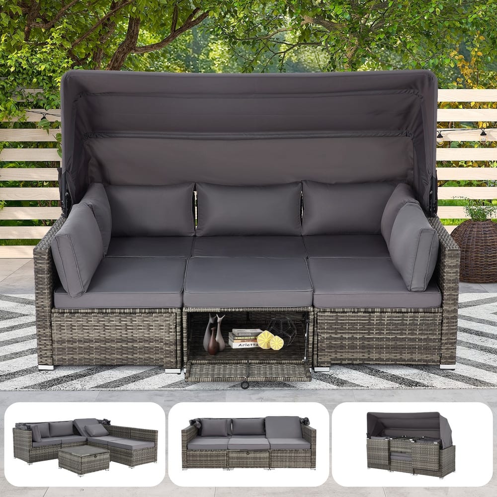 EROMMY 6-Piece Patio Furniture Set, Rattan Daybed with Canopy and Adjustable Backrest