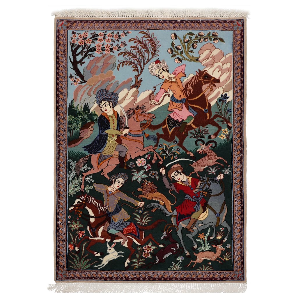 3x4'3'' Hand Knotted Wool &Silk Green Traditional 600 KPSI Are Rug - 3' x 4' 3''