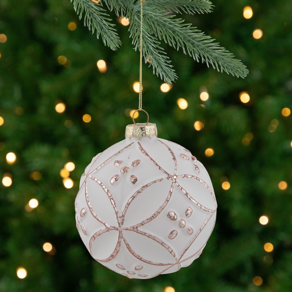 Matte White Pink Floral Glass Hanging Christmas Ball Ornament 3.75"
