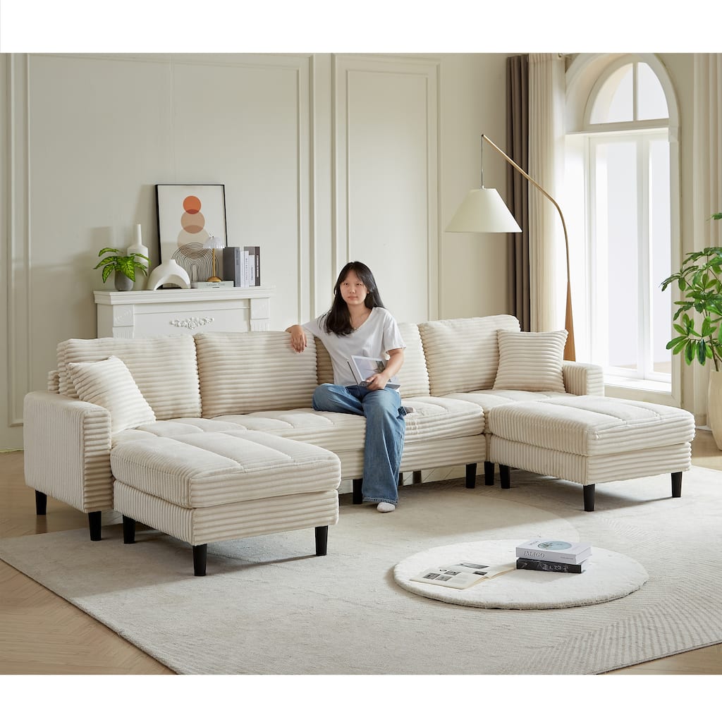 122.5" Corduroy U-Shaped Sectional Sofa with Ottomans & Pillows