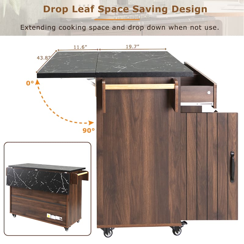 Roomfitters Kitchen Island with Trash Can Storage Cabinet, Drop Leaf, Spice Rack, Rolling Island on Wheels