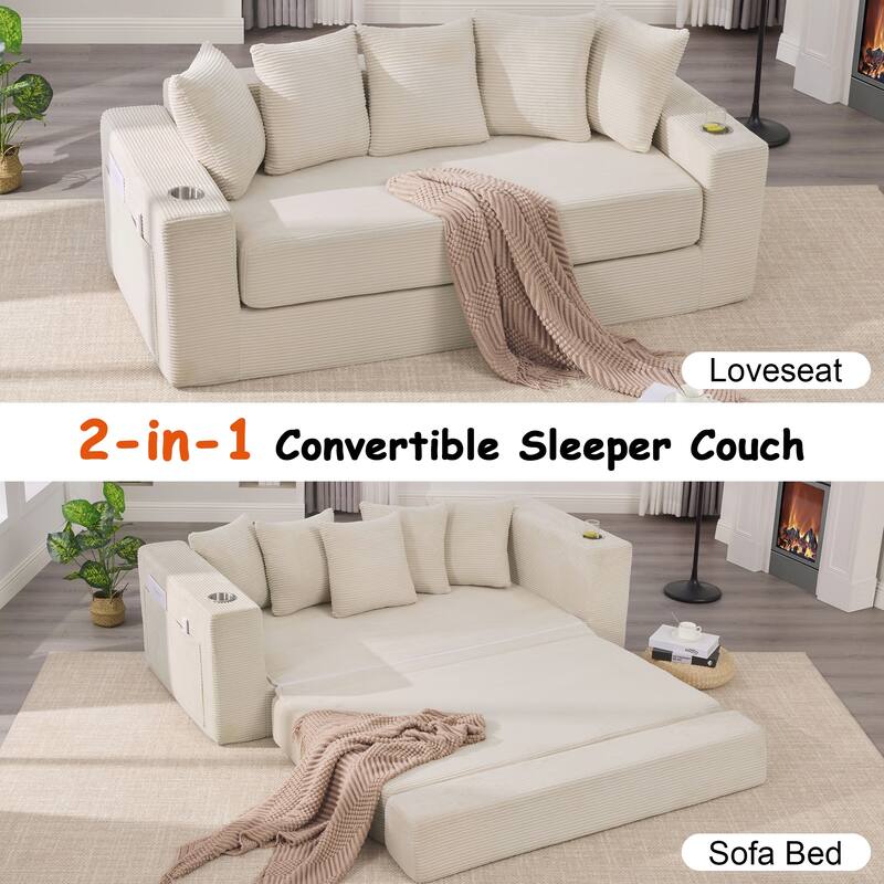 Convertible Sofa Bed, 76" Boneless Loveseat Couch 2 in 1 Foldable Floor Sofa Couch with 2 Cup Holders, Folding Sleeper Chair