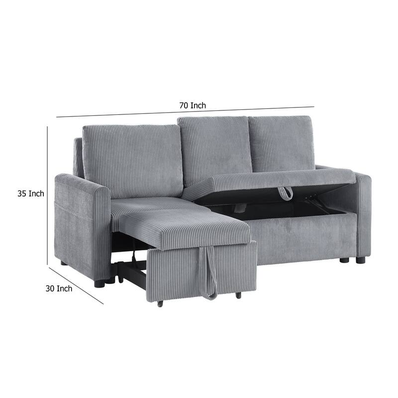 Swin Sofa w Pull Out Chaise and Storage, Gray Corduroy, 70 Inch