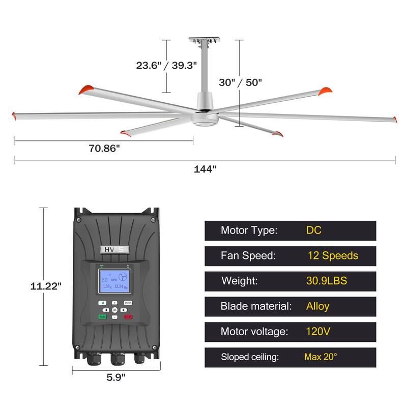 72"/84"/96"/120"/144" Extra Larger HVLS Commercial Ceiling Fan with Remote and Aluminum Blades