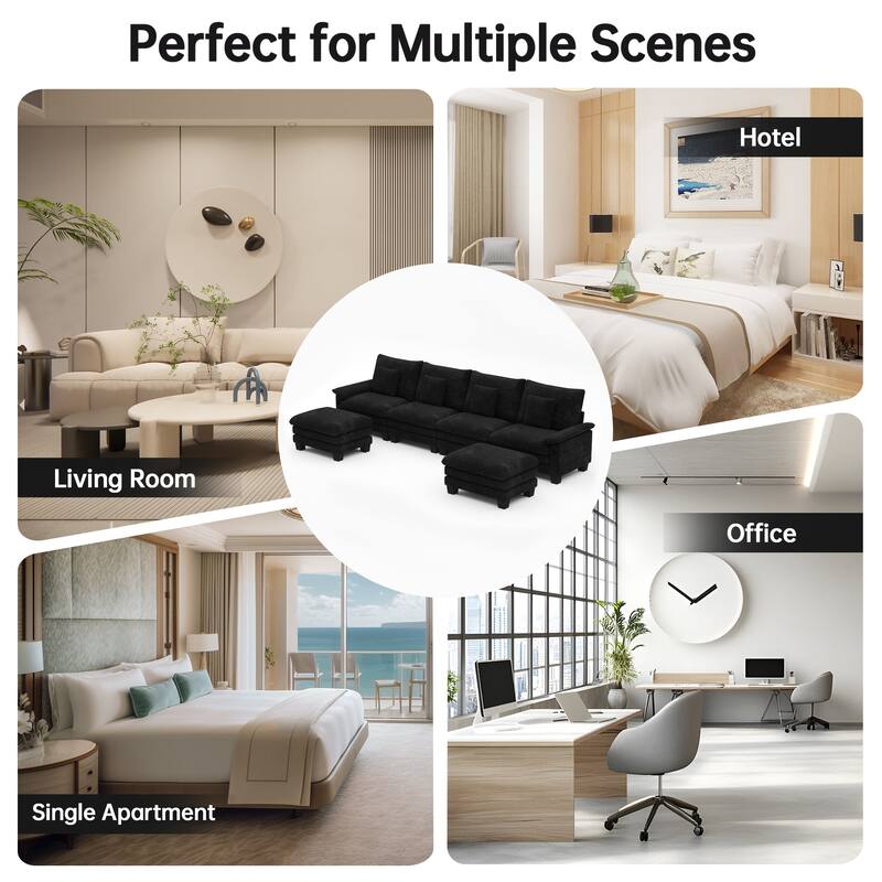 144" Modular Compression Sofa Set Convertible Sectional Sleeper Couch with 2 Ottomans