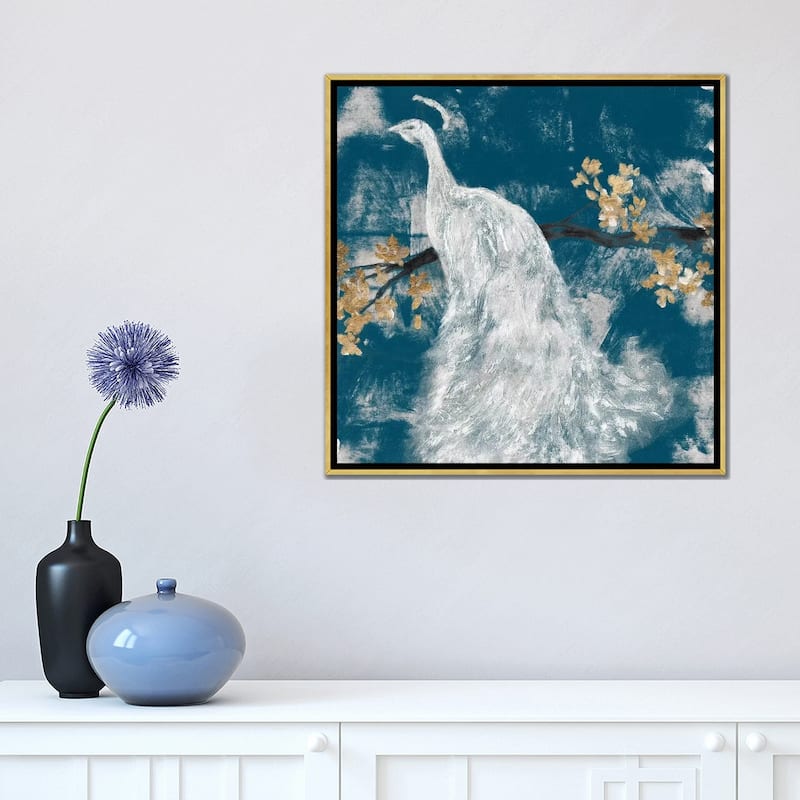 iCanvas "White Peacock on Indigo II" by Jennifer Goldberger Framed Canvas Print