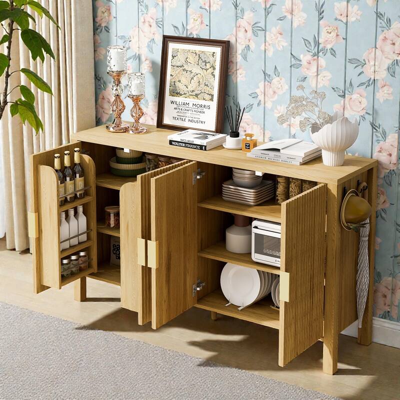 57.5" Modern Stripe Door Storage Cabinet with 4 Doors, Adjustable Shelves, Back-of-Door Racks & Side Hooks