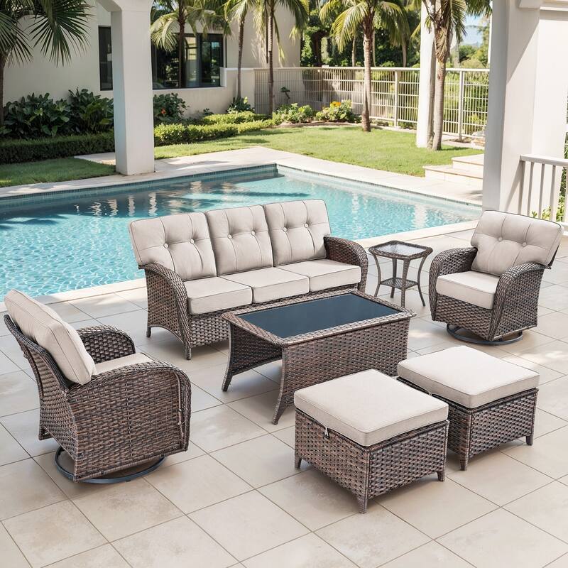 Gymojoy Outdoor Wicker Patio Furniture Set, 5" Thick Cushioned Rattan Set with Swivel Chairs & Coffee Table