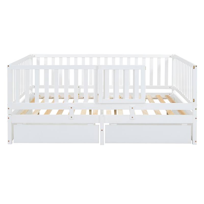 Full Size Wood Daybed with Fence Guardrails and 2 Drawers, Convertible to Floor Bed & Daybed, White