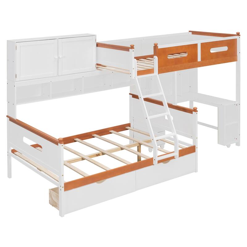 Twin Over Full Wooden Bunk Bed with Desk, Drawers, Shelves, and LED Light