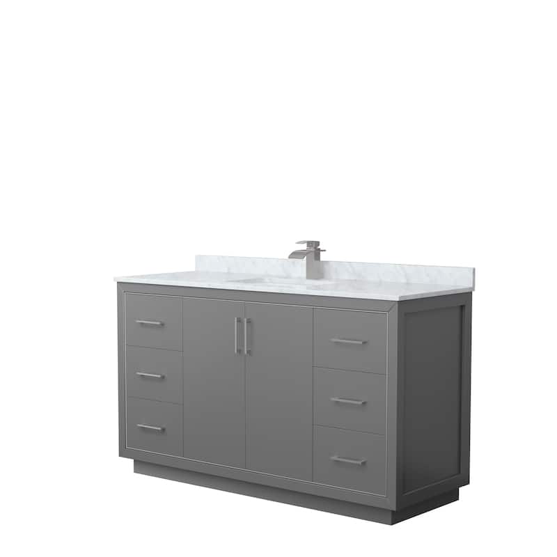 Icon Single Vanity Set, White Carrara Marble Top, No Mirror - 60-Inch Single - Dark Gray, Nickel Trim, White Carrara Marble Top