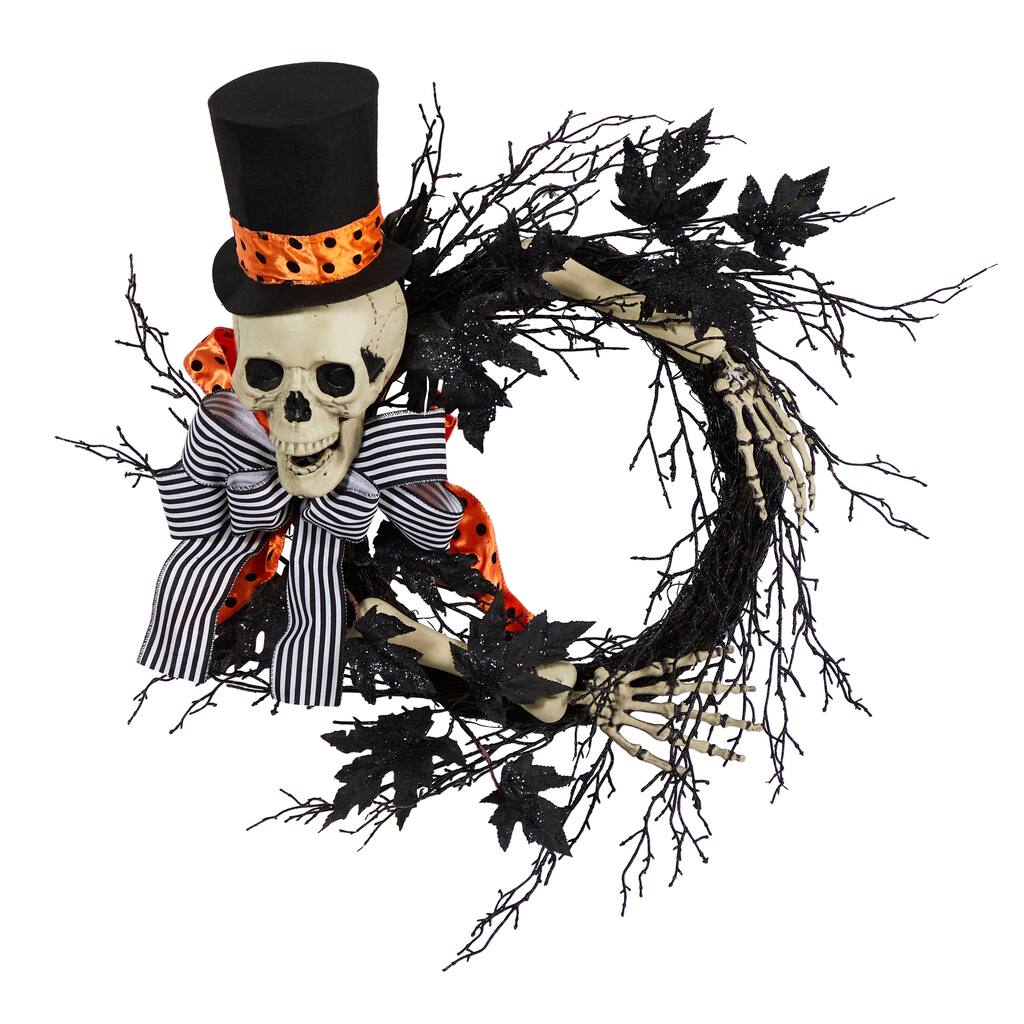 Dapper Skeleton with Ribbon Artificial Halloween Wreath, 26-Inch, Unlit