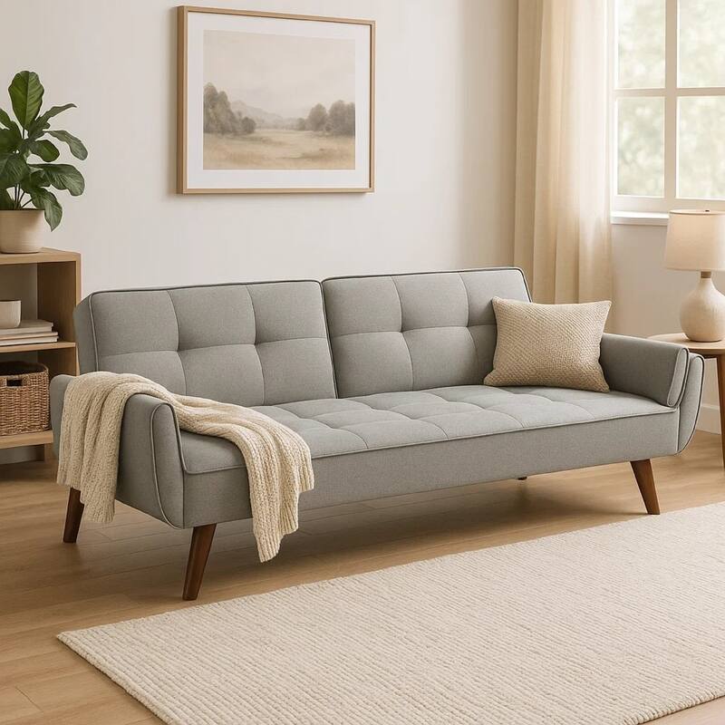 Kori 84 Inch Sofa Futon Bed with Tufted Back, Angled Legs, Gray Fabric