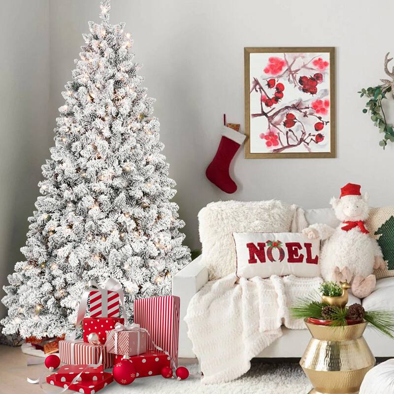 7.5FT Flocked Christmas Tree with 550 UL Lights and 49 Natural Pine Cones-Snowy PVC Tips,1474 Tips, Hinged Structure
