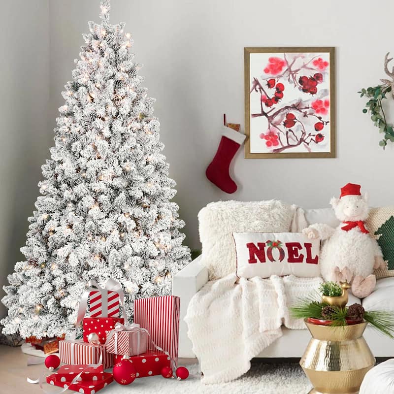 Pre-Lit Snow Flocked Tree - UL Lights, Pine Cones, Snowy PVC Tips, Hinged Structure - Green,White