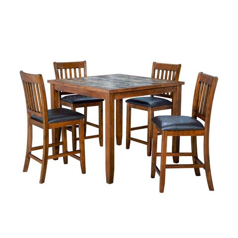 5 Piece Counter Height Dining Table Set, Dark Acacia Wood, Brown, Black