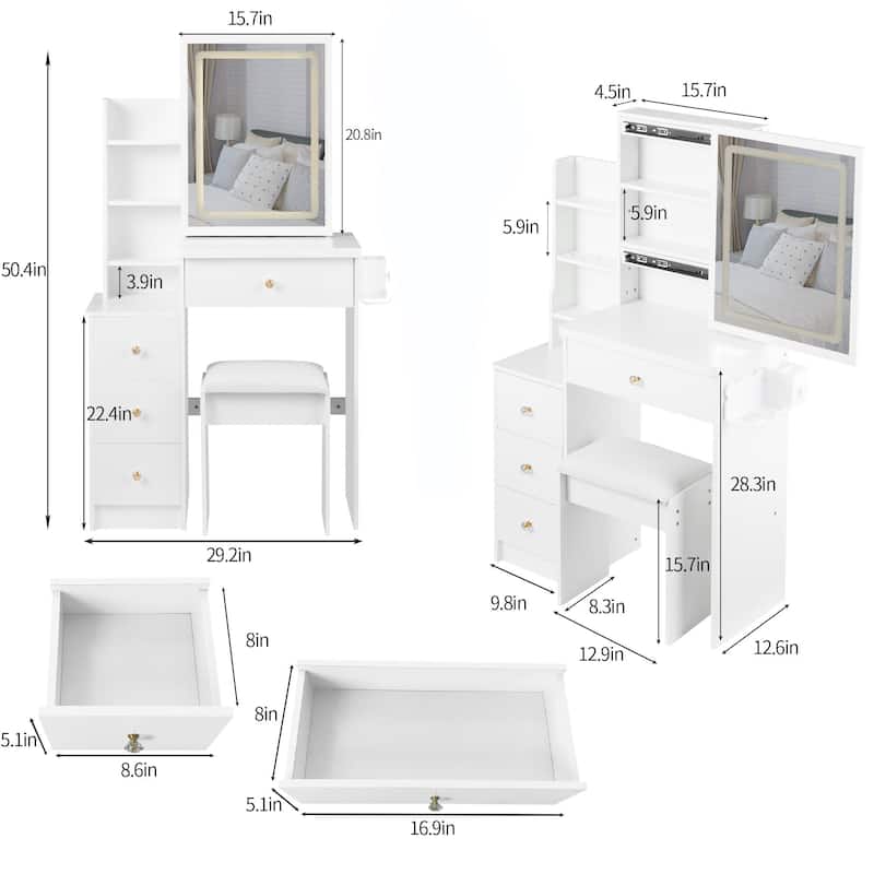 29.2"Left Bedside Cabinet Vanity Table +Cushioned Stool,2 AC+2 USB Power Station,Hair dryer bracket,Extra Large Sliding Mirror
