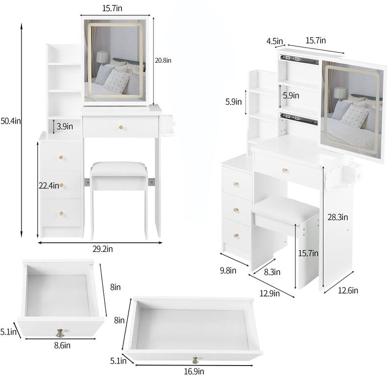 Compact Makeup Vanity with Power Outlets, Type-C Charging, Touch Mirror & Stool, 29.2" Dresser for Small Space
