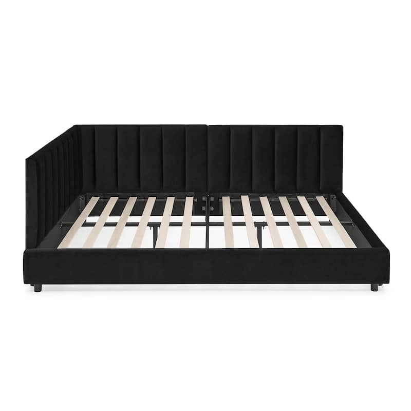 Full Size Upholstered Tufted Daybed, Velvet Fabric Sofa Bed Frame with L Shaped Backrest and Armrests, Wooden Slat Support