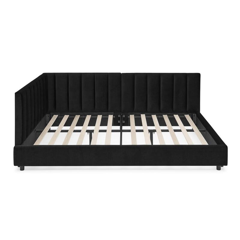 Tufted Upholstered Sofa Bed Frame with L Shaped Backrest and Armrests, Full Size Velvet Fabric Daybed, Wood Slats Support