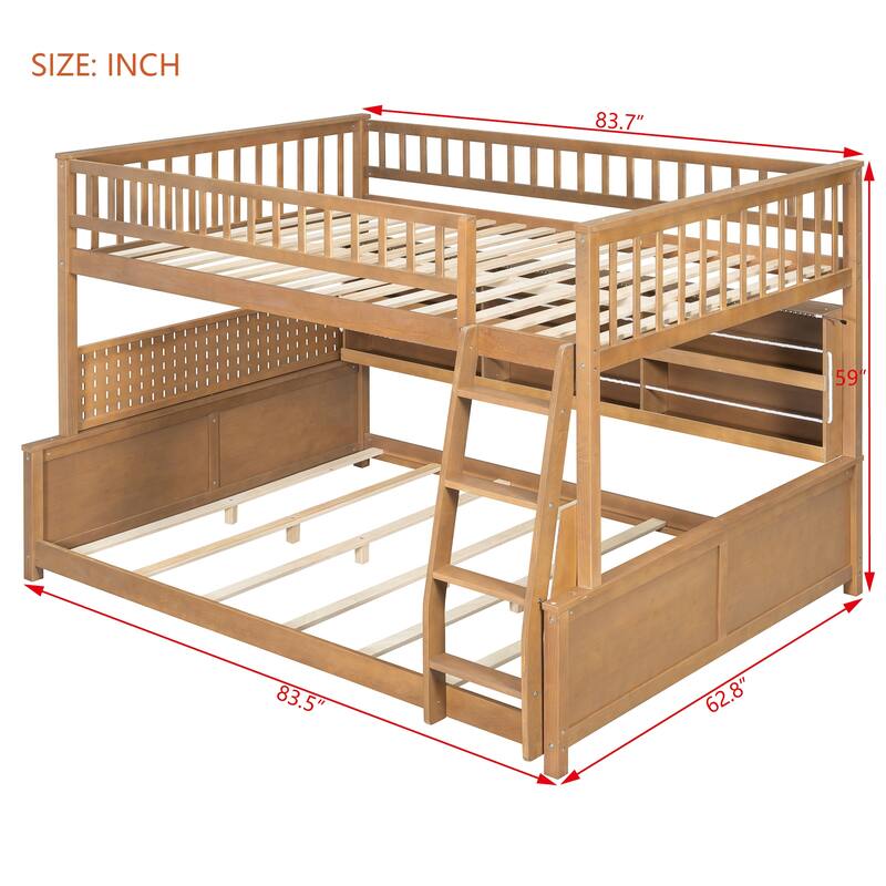 Roomfitters Full XL over Queen Bunk Bed with Storage Shelf, Pegboard and LED Lights