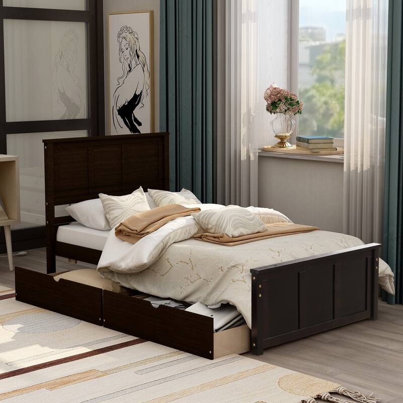 Twin Size Platform Storage Bed with 2 Drawers, Espresso Finish - Espresso