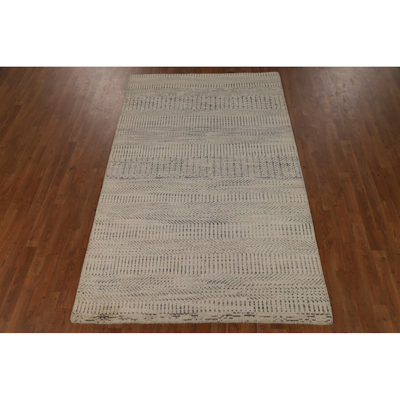 Beige Moroccan Area Rug Hand-Knotted Oriental Wool Carpet - 4'11" x 7'10"