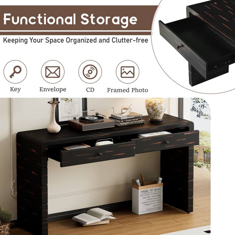 Farmhouse Rustic Console Table, Curved Storage Side Table with 2 Drawers, for Entryway, Hallway and Living Room