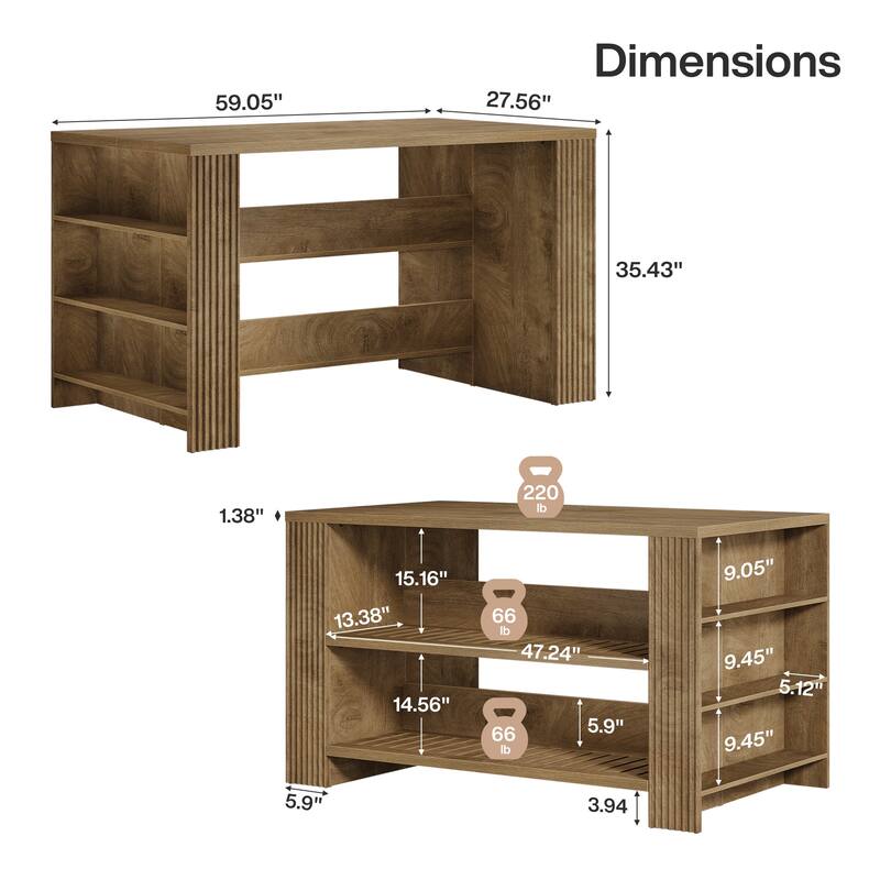59 Inch Large Kitchen Island with Storage Shelves - 27.55" D x 59.05" W x 35.43" H