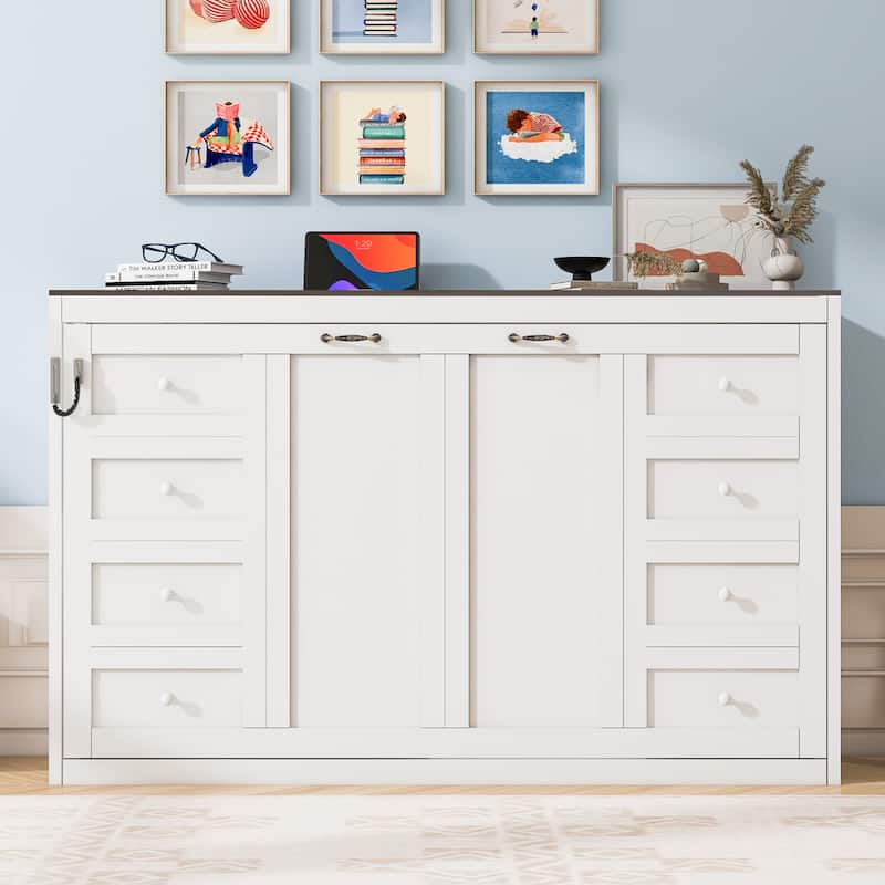 Space-Saving Foldable Twin Bed with LED Light and Cabinet, White+Brown