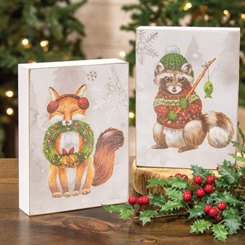 Multi-Color Wooden Winter Woodland Signs with Fox & Raccoon Design, 2 Asstd. - 5 x 1.50 x 7 in.