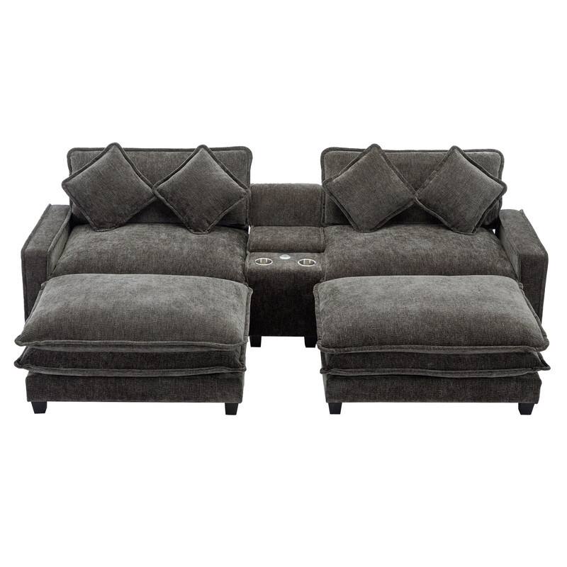 112.6 "Chenille Upholstered Sofa, Two Removable Ottomans, Two USB Ports