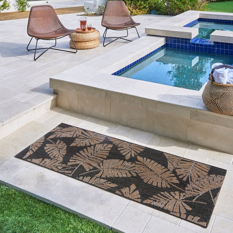 Reyn Spooner Kona Coast Lua'Ehu Black Big Tropical Leaf Flatweave Indoor/ Outdoor Area Rug Runner - 2'2" x 6'