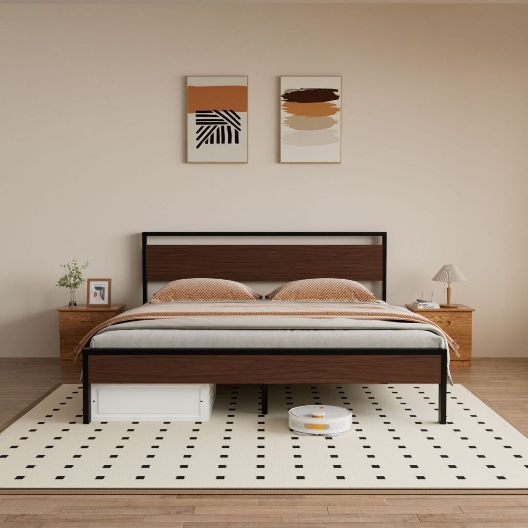 2024新商品 Platform Metal Size King Bed Headboard&Footboard Wood with シングルベッド