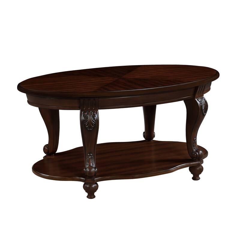 42" Oval Wood Coffee Table for Living Room,2-Tier Solid Wood Cocktail Table with Open Storage Shelf, Easy Assembly - Cherry