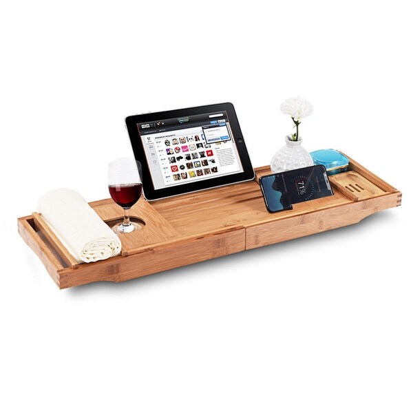 Gymax Bamboo Bathtub Caddy Tray Extendable Sides W/ Soap Dish Wine Glass Slot Bathroom. Opens flyout.