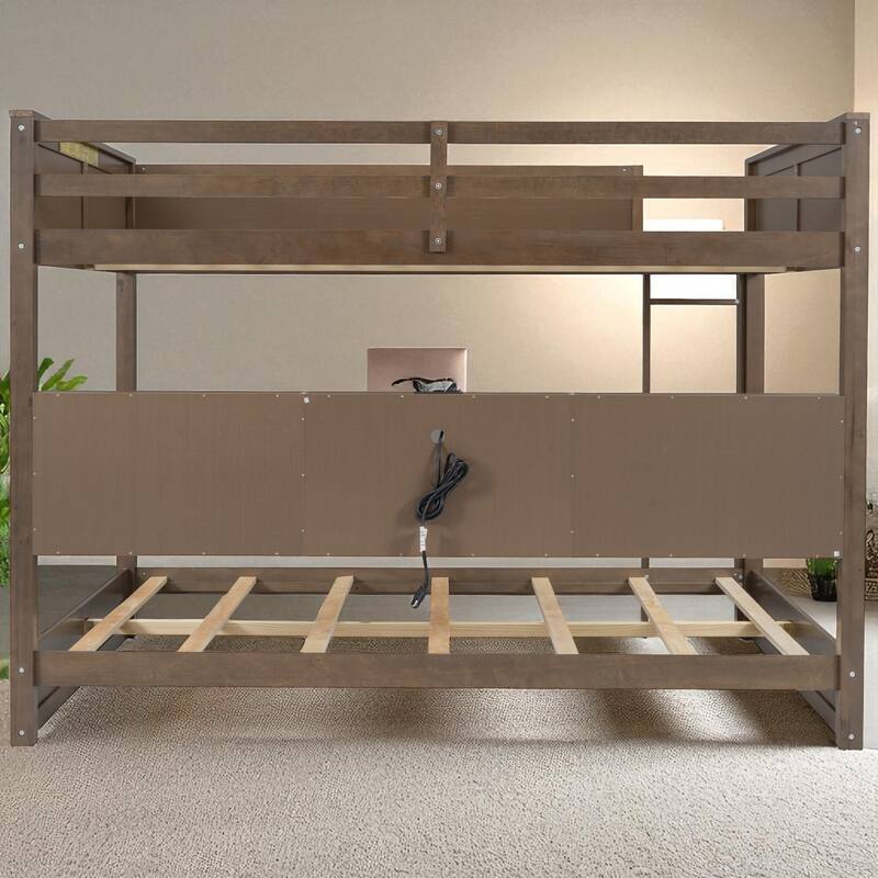 Queen over Queen Bunk Bed with Storage Cabinets, Guardrails and Built-in USB Charging Ports, Solid Wood Frame