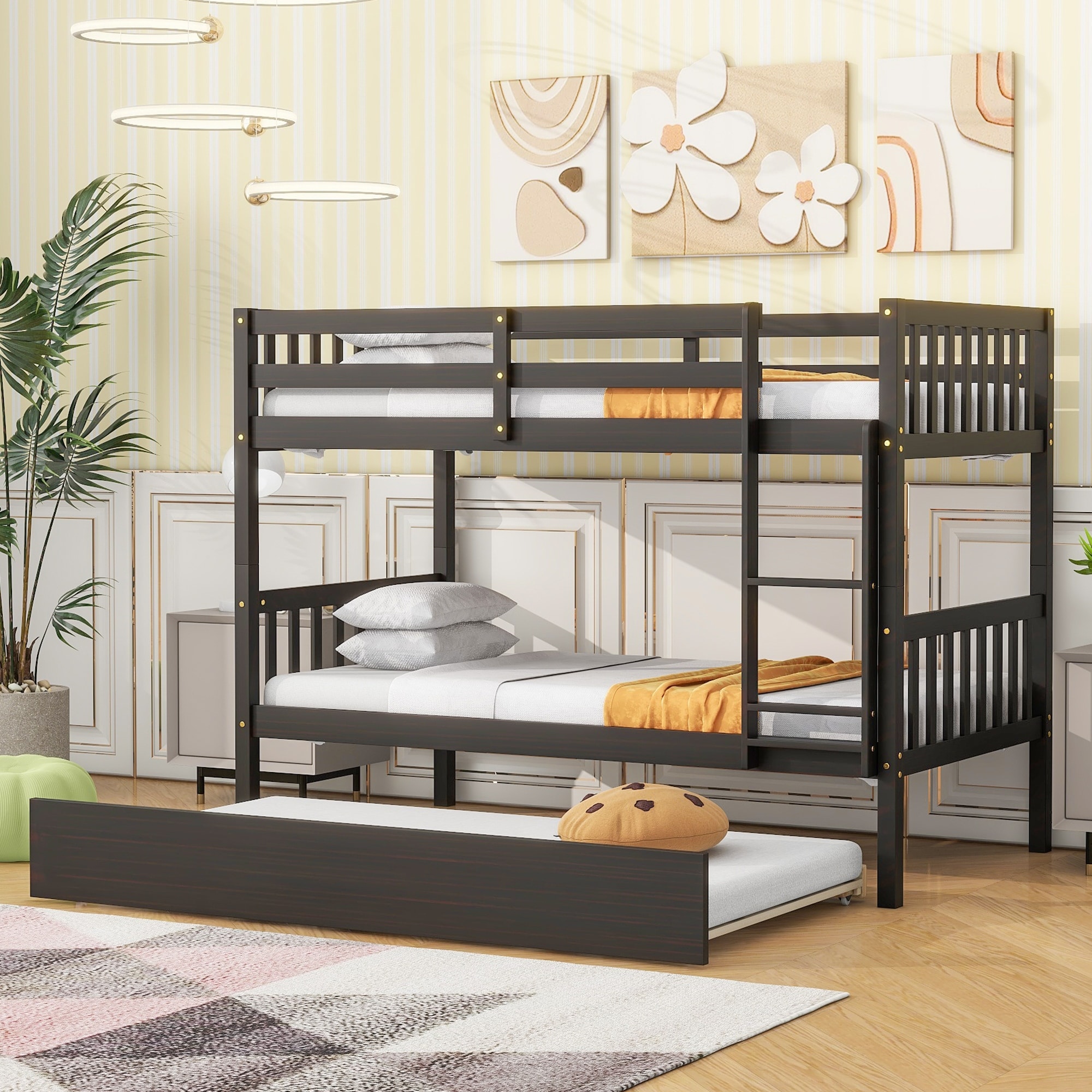 Roomfitters Twin Over Twin Rubber Wood Bunk Bed with Trundle, Convertible to Two Twin Beds, Ladder and Guardrails