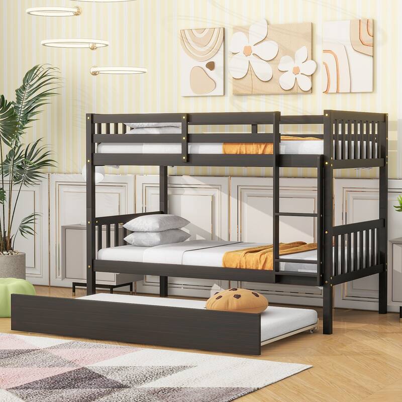 Roomfitters Twin Over Twin Rubber Wood Bunk Bed with Trundle, Convertible to Two Twin Beds, Ladder and Guardrails - Espresso - Twin
