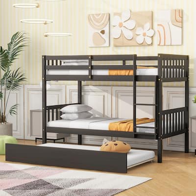 Twin over Twin Rubber Wooden Bunk Bed with Trundle, Ladder & Safety Guardrails, Espresso