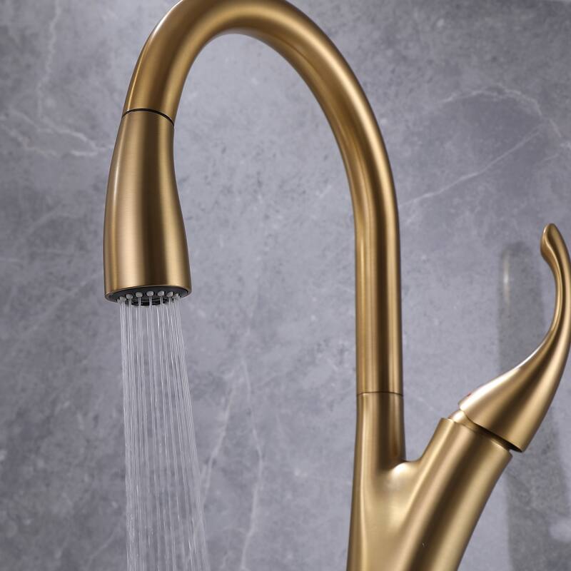 360 Degree Swivel Pull Down Kitchen Sink Faucet, Two Functions Brushed Gold Single Handle Kitchen Faucet