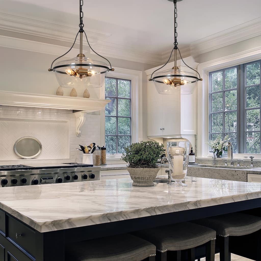 Zelena Modern Farmhouse Black Gold Chandelier 3-Light Pendant Light for Kitchen Island Dining Room with Clear Glass