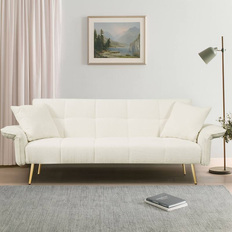 Modren Teddy Fabric Upholstered Convertible Futon Sofa Bed with Folding Armrests - Beige