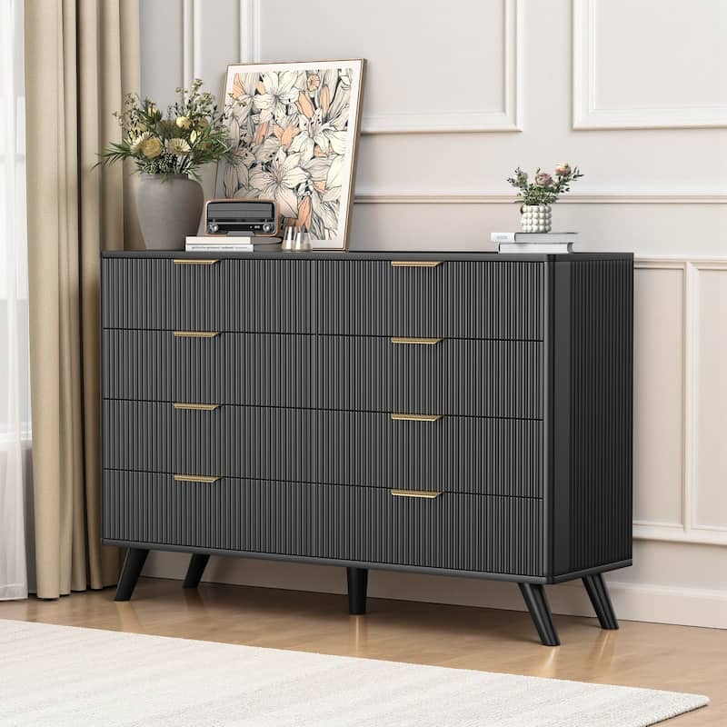 Meyreso Modern Boho Wave Wood Dresser, Wide Storage Cabinet - Black - 8-drawer
