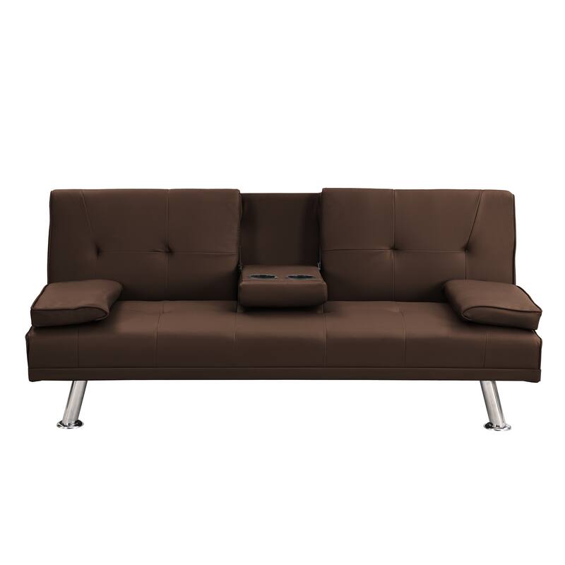 Sofa Bed with Armrests, Wood Frame & Stainless Legs, Futon Style with PVC Upholstery - Brown