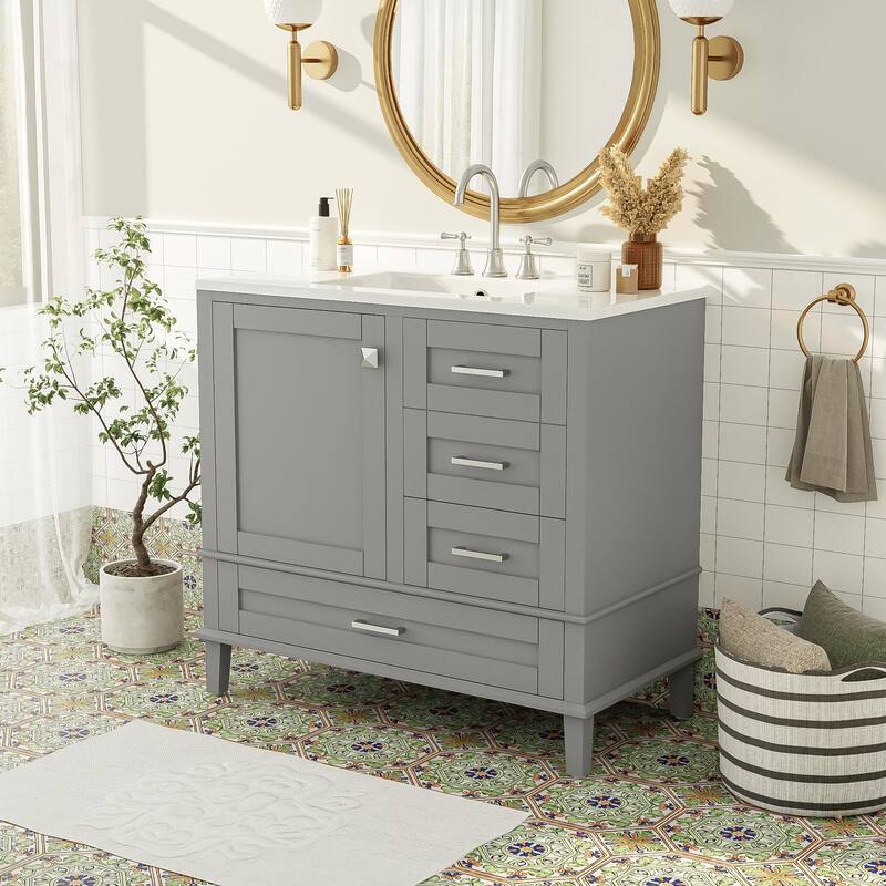 Elegant 36-Inch Bathroom Vanity with Undermount Ceramic Sink, Soft Close Storage Drawers, Silver Handles - Contemporary Look