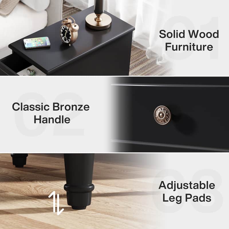 Fully Assembled Narrow End Table, Solid Wood Side Table with 3 Drawers, Vintage Nightstand Slim Bedside Table for Small Spaces