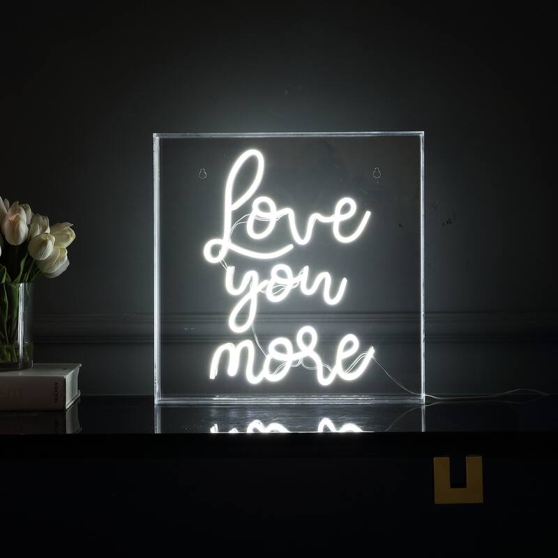 Love You More 15" Square Contemporary Glam Acrylic Box USB Operated LED Neon Light, White by JONATHAN Y