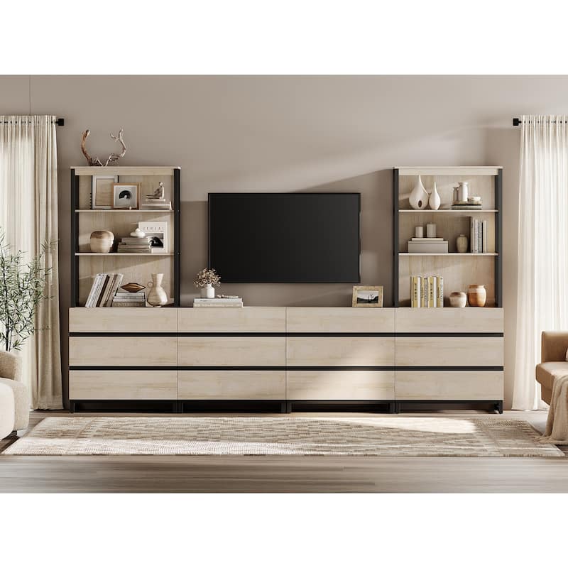 WAMPAT Modern TV Stand with 3 Tiers Bookshelf, Farmhouse Entertainment Center with 12 Drawers and Adjustable Shelf